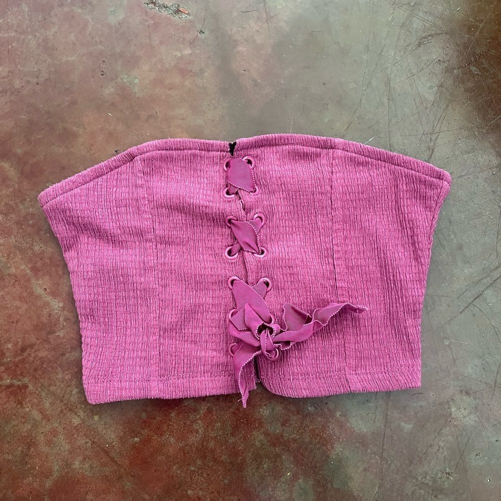 Urban Outfitters UO Bustier Lace Up Crop Top, Berry, XS